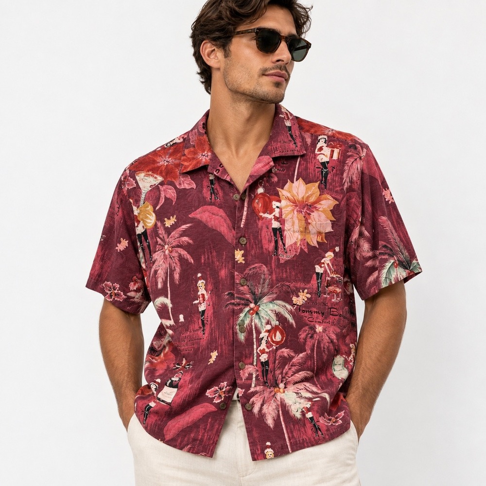 Tommy Bahama Mens M Silk Holiday Pin Up Girl Camp Shirt Red Burgundy Christmas
